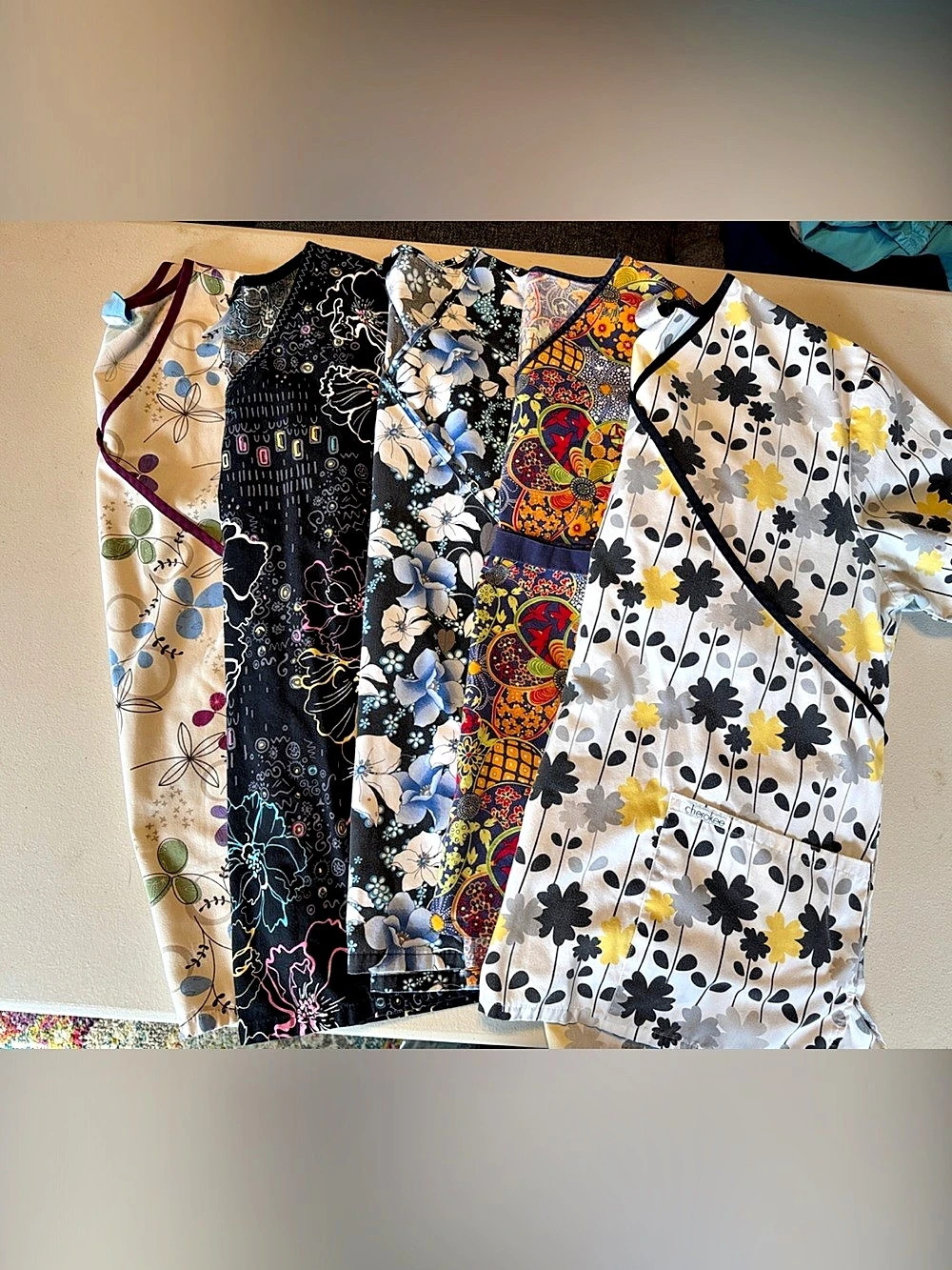 Floral patterned scrub tops, set of 5